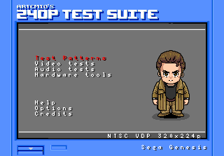 The 240p Test Suite main menu: a menu of tests on a grey panel with a cartoon portrait of the author.
