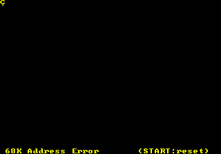 A black screen with the text 68K Address Error and START reset in yellow at the bottom.