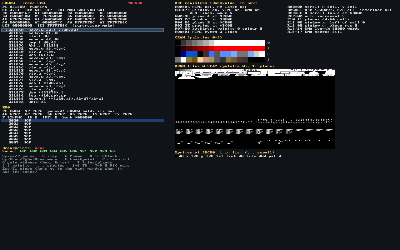 The gase debugger on the 240p Test Suite at frame 300: 68000 registers and disassembly at the top left, the Z80 below, the decoded VDP registers at the top right, the four palettes, the VRAM tiles, and the sprite list.