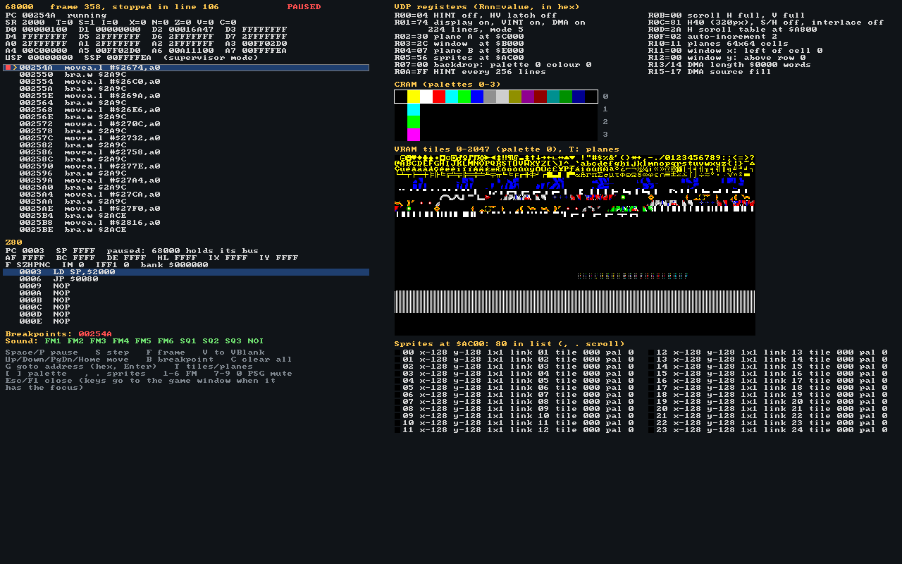 The gase debugger stopped at the address-error handler: 68000 registers with A0, A1, A2 and D5 to D7 all equal to 2FFFFFFF, the disassembly at 00254A, the decoded VDP registers, the palettes, the VRAM tiles and the sprite list.