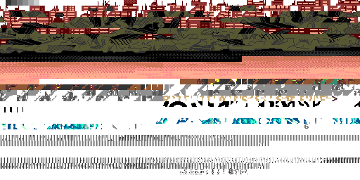 All 2,048 VRAM tiles in a 64 by 32 grid: pieces of the city and rubble, a sky gradient, a font, fighter sprites, and noise-like rows that are tables rather than graphics.
