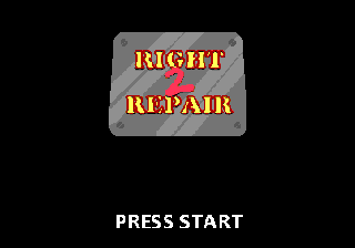 The Right 2 Repair title: a riveted metal sign and PRESS START.