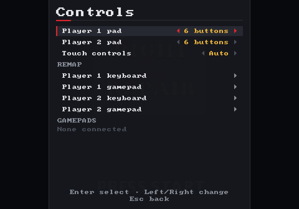 The Controls settings screen: player 1 and 2 pad types set to 6 buttons, touch controls set to Auto, remapping entries for each player’s keyboard and gamepad, and a list of connected gamepads.