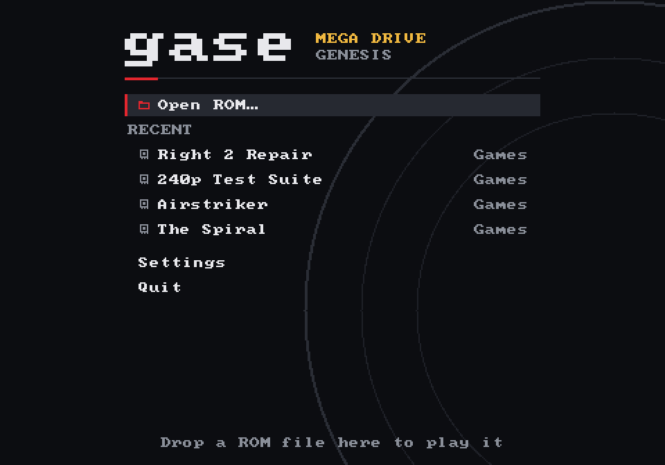 The gase home screen: the gase logo with ‘Mega Drive / Genesis’ beside it, an ‘Open ROM…’ entry, a recent list with Right 2 Repair, 240p Test Suite, Airstriker and The Spiral, then Settings and Quit. A hint at the bottom says a ROM file can be dropped on the window.