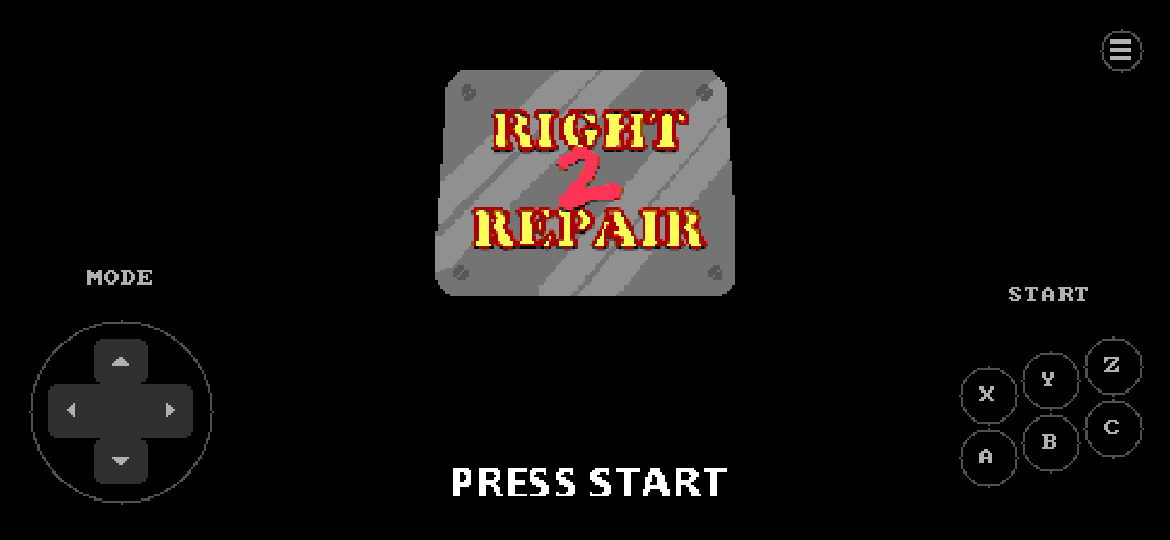 gase on a phone held sideways: the game in the middle, the d-pad and Mode on the left border, the six buttons and Start on the right border, the menu button at the top right.