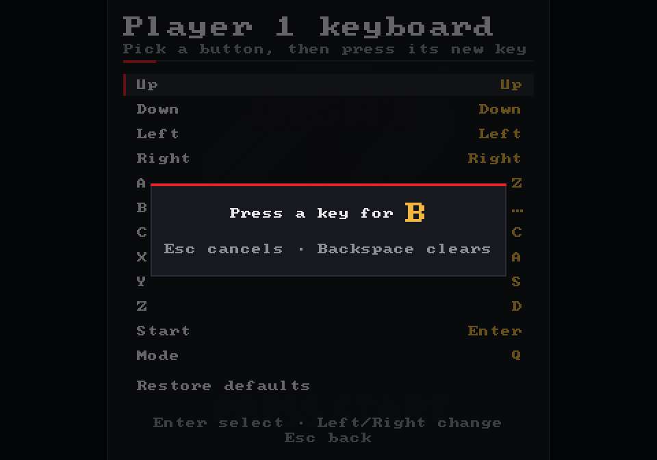 Remapping player 1’s keyboard: a dialog says ‘Press a key for B’, over the list of console buttons and their keys.