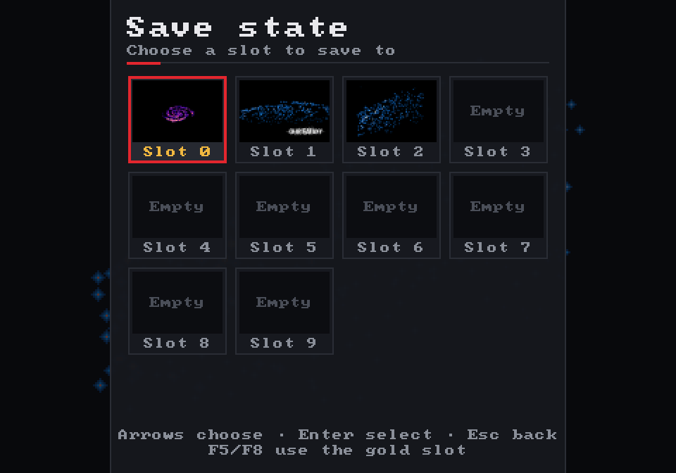 The Save state screen: ten slots in a grid, the first three showing small pictures of The Spiral demo at different moments, the others marked Empty.