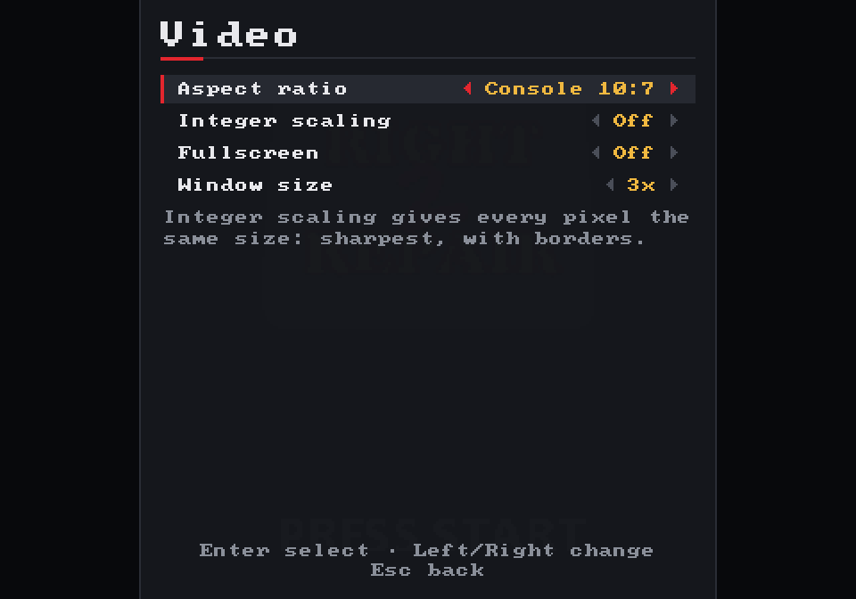 The Video settings screen: aspect ratio set to Console 10:7, integer scaling off, fullscreen off, window size 3x, and a line explaining what integer scaling does.