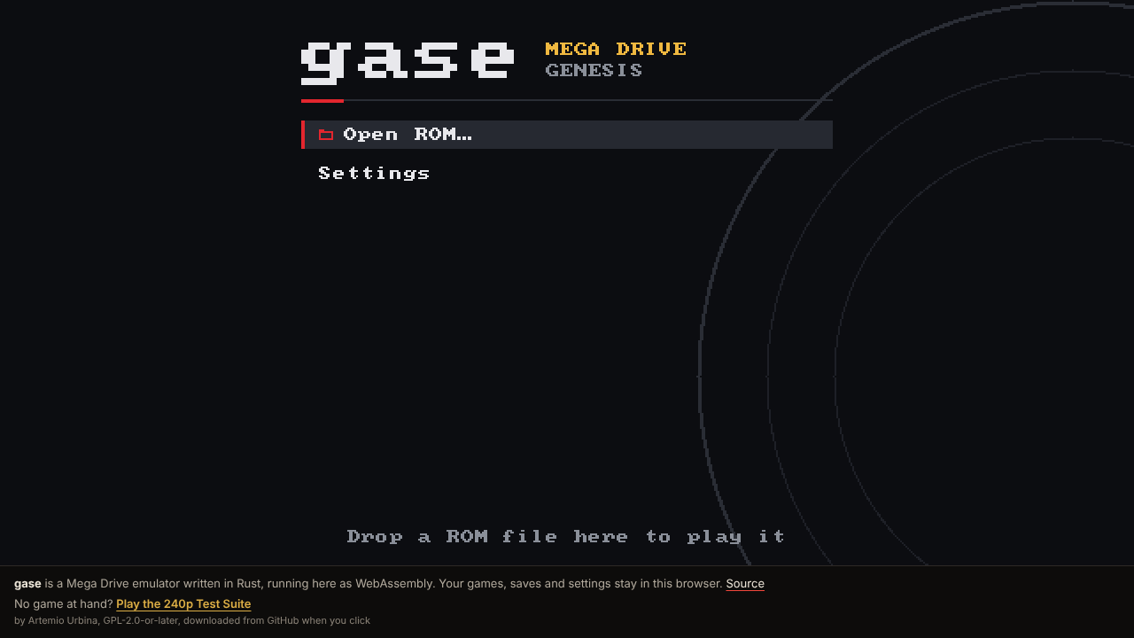 gase’s home screen in a browser page, with a slim footer: ‘gase is a Mega Drive emulator written in Rust, running here as WebAssembly. Your games, saves and settings stay in this browser.’ and a link to play the 240p Test Suite.